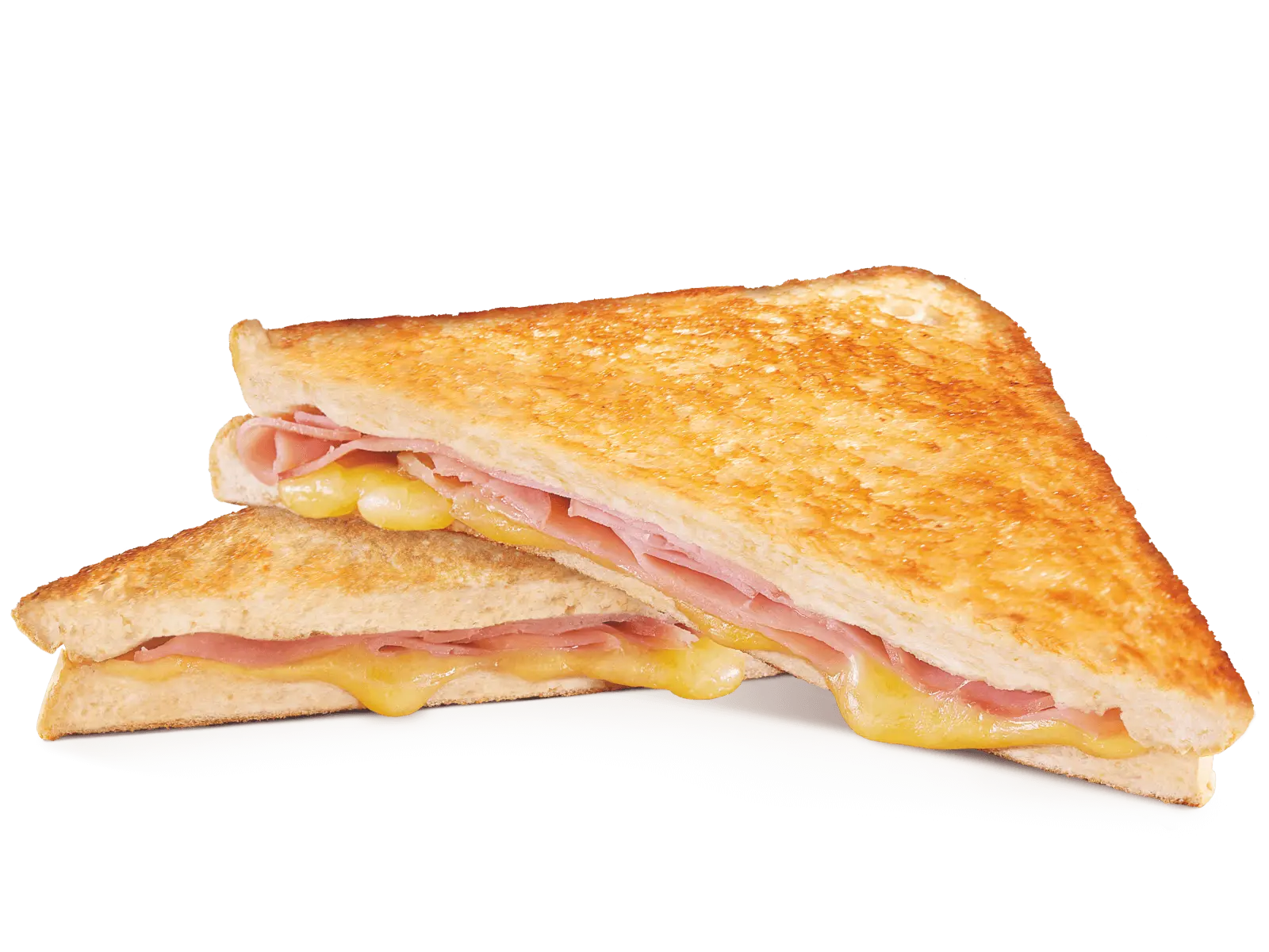 A lightly toasted ham and cheese sandwich, cut in half along the diagonal and artfully stacked upon itself.